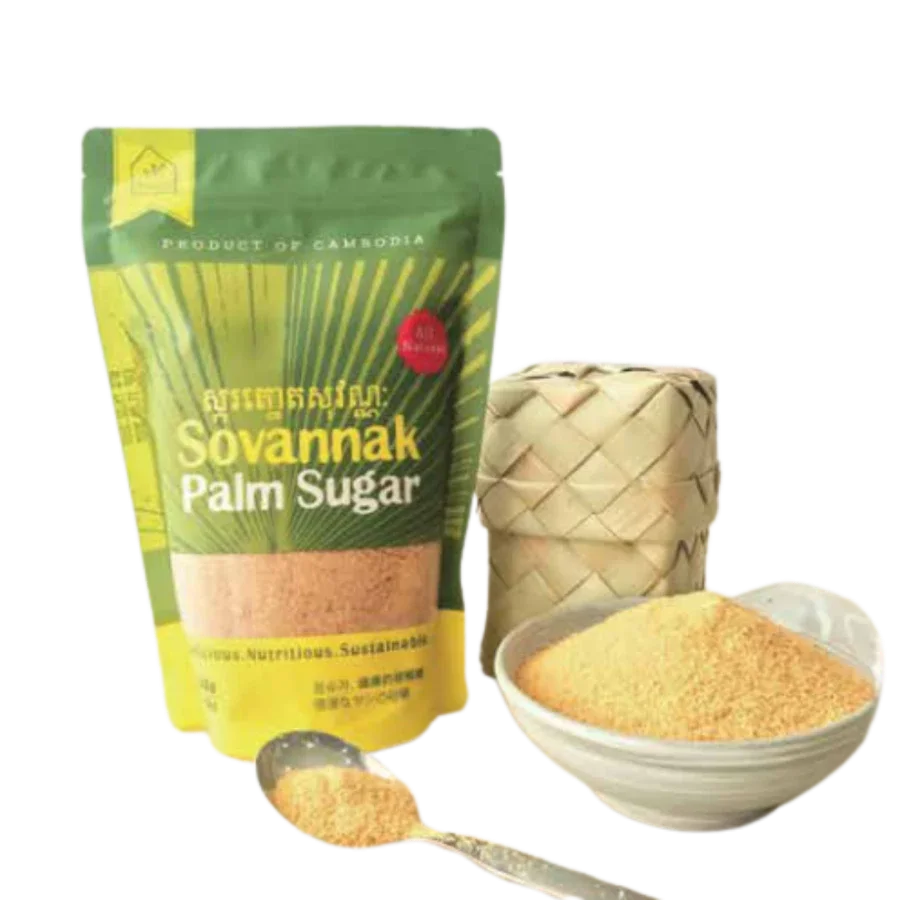 Sovannak palm sugar with traditional woven palm basket
