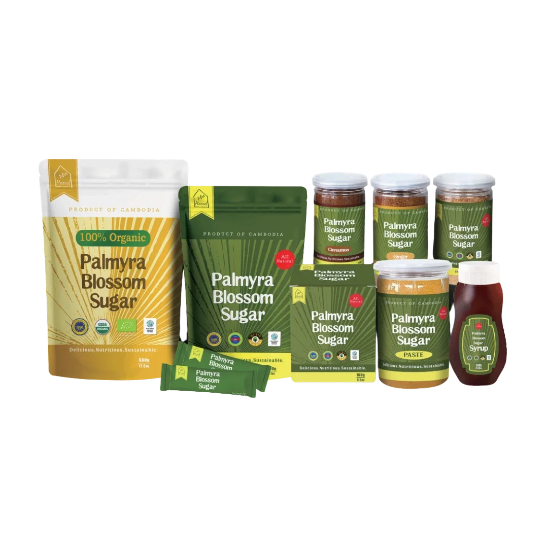 Palmyra Blossom Sugar range — pouches, box, jars, paste, syrup and sticks